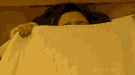a woman is laying in bed covering her face with a white pillow .
