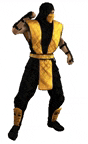 a man in a black and yellow ninja costume is standing in front of a white background .