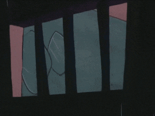 a cartoon of a man behind bars with a purple hat