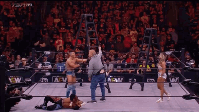 a wrestling match is going on in front of a crowd with aem written on the ring