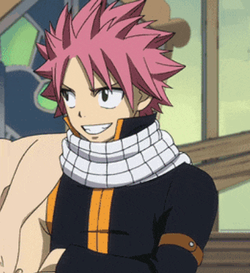 a cartoon character with pink hair and a scarf around his neck is smiling