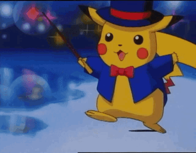 pikachu is wearing a top hat and holding a wand