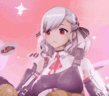 a girl with white hair and red eyes is standing in front of a pink background