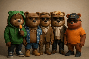a group of teddy bears standing next to each other with one wearing a $ td hat