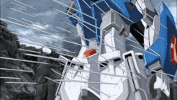 a blue and white robot with arrows coming out of it 's arms
