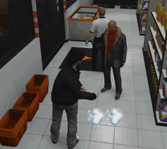 a man is standing in a store talking to another man while stacks of orange baskets sit on the floor