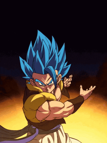a drawing of a person with blue hair and a yellow belt