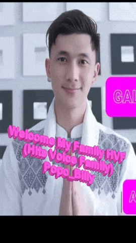 a man in a white shirt with the words welcome my family hvf popa billy on it