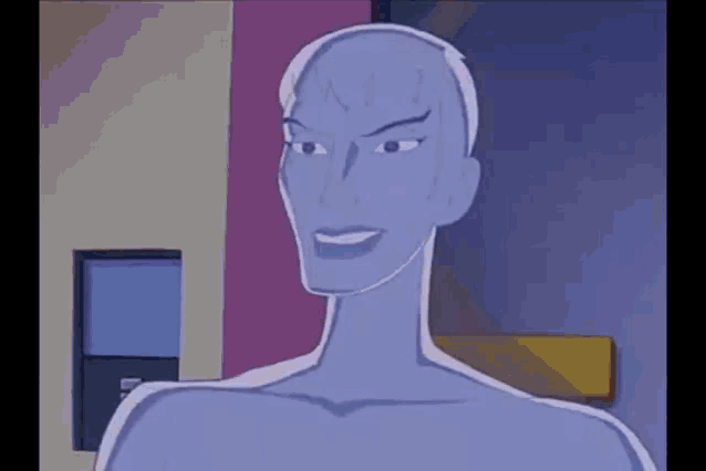 a cartoon character with a shaved head is smiling and standing in a room .
