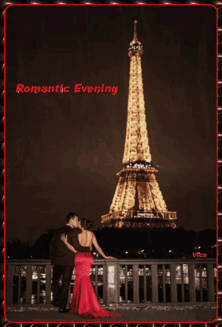 a couple kissing in front of the eiffel tower with the words romantic evening below them