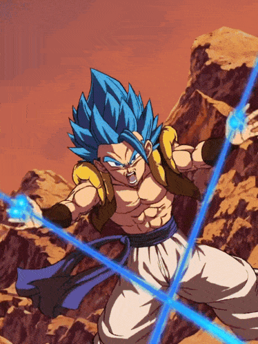 a cartoon character with blue hair is holding a blue object