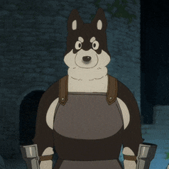 a cartoon character with a dog 's head is standing next to a girl