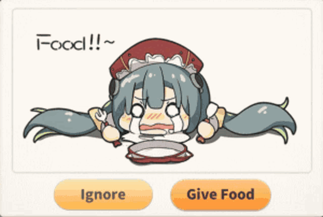a cartoon of a girl with a plate of food and a button that says ignore