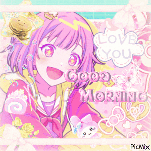 a picture of a girl with pink hair and the words good morning