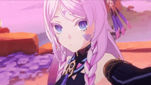 a girl with purple hair and blue eyes is wearing a necklace with the number 9 on it