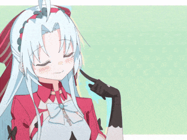 a girl with long white hair is wearing a red and white outfit