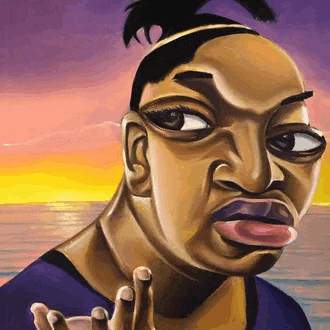 a painting of a woman making a funny face with her tongue out and a sunset in the background .