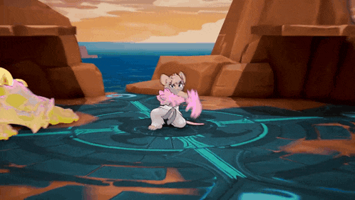 a cartoon character is standing in a circle with a pink sword