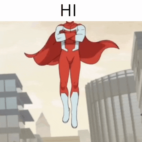 a cartoon of a superhero flying in the air with the words hi above him