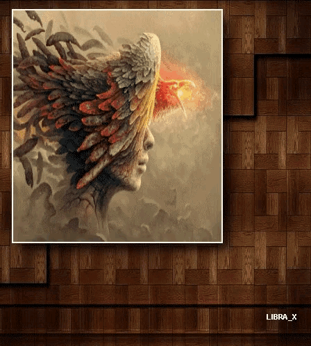 a painting of a woman with a bird on her head is displayed on a wooden wall with the name libra_x below it