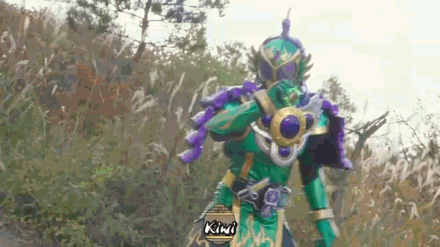 a green and purple kamen rider with the word kiwi on the bottom right