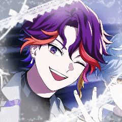 a boy with purple hair and red highlights is smiling and giving the peace sign