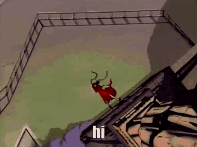 a cartoon character in a red cape is flying through the air and says hi .
