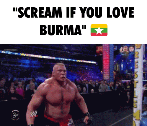 a picture of a wrestler with the words " scream if you love burma " above him