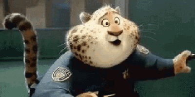 a cartoon cheetah is wearing a police uniform and holding a gun .