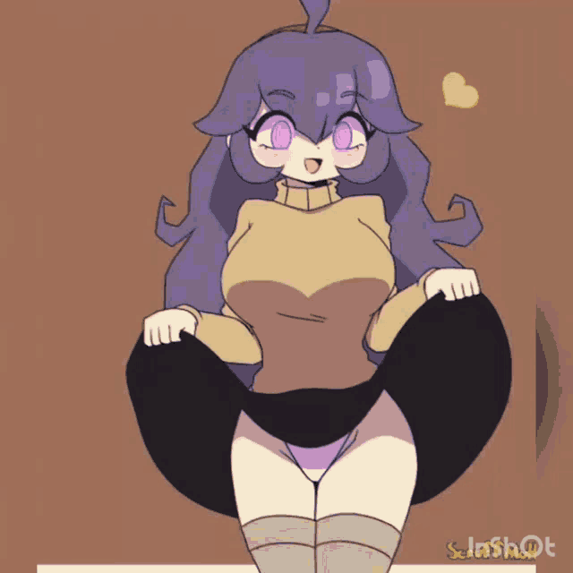 a cartoon drawing of a girl with purple eyes and a yellow shirt