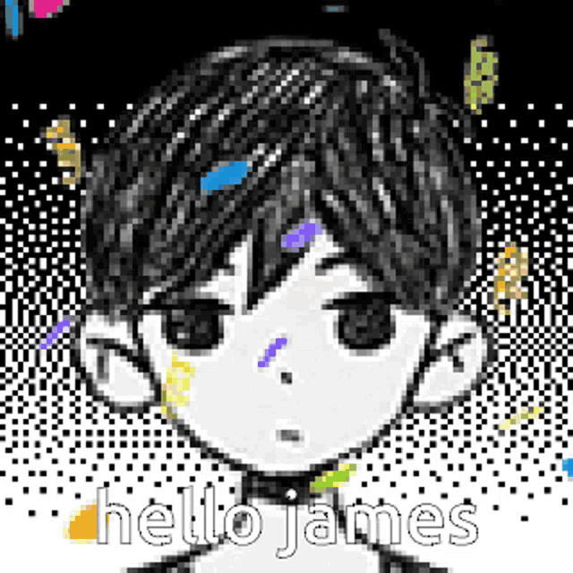 a pixel art drawing of a boy with the words `` hello james '' written on the bottom .