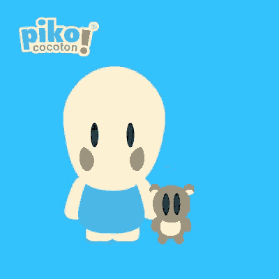 a cartoon of a baby standing next to a teddy bear with the words piko cocoton behind him