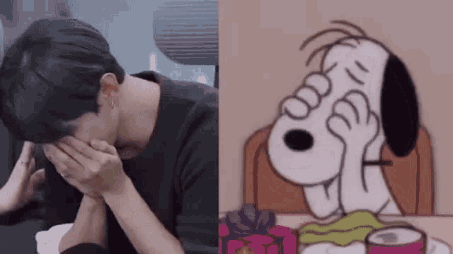 a man is covering his face next to a picture of snoopy covering his eyes .