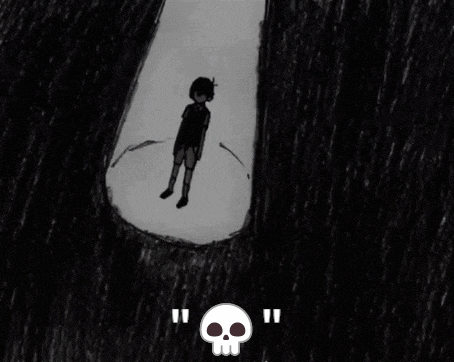 a black and white drawing of a boy with a skull on the bottom right
