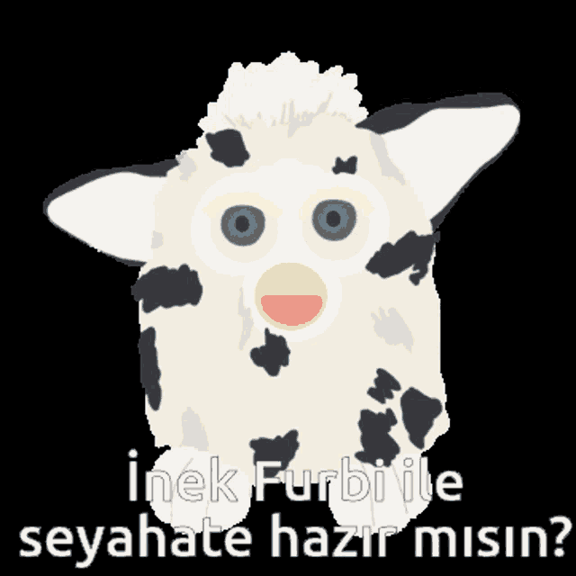 a white furby with black spots and blue eyes is on a black background