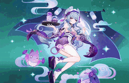 a girl with a bat wings is holding a tray with a cup on it .