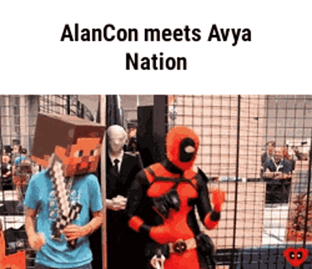 a man in a deadpool costume is standing next to another man in a minecraft costume .