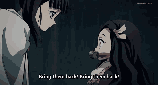 two anime girls are looking at each other with the words bring them back