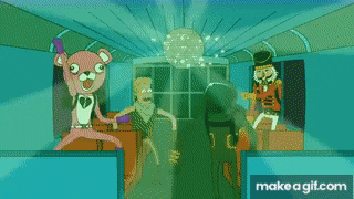a group of cartoon characters are dancing in a room with a disco ball ..