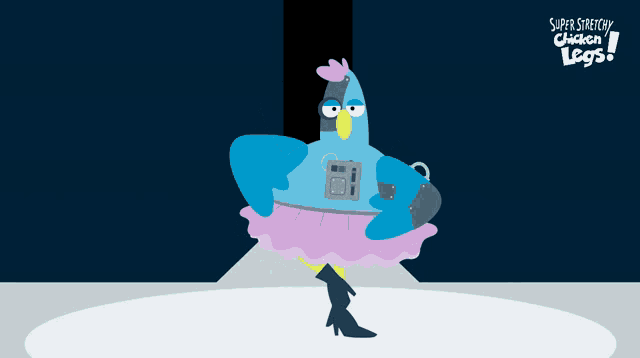 a super stretchy chicken legs poster with a blue bird