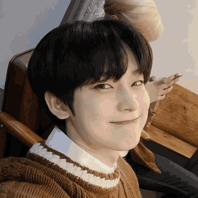 a young man in a brown and white sweater smiles