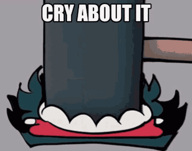 a cartoon character with a hammer in his mouth is crying about it .