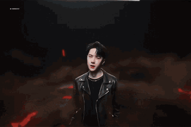 a man in a black jacket is standing in front of a red background with a black silhouette