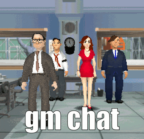 a group of people standing next to each other with the words gm chat behind them