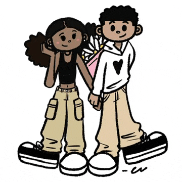 a boy and a girl are standing next to each other holding hands and a boy is holding a bouquet of flowers .