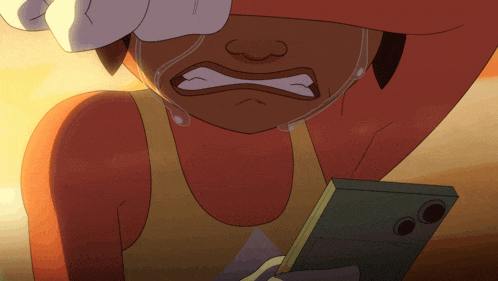 a cartoon character is crying and holding a cell phone