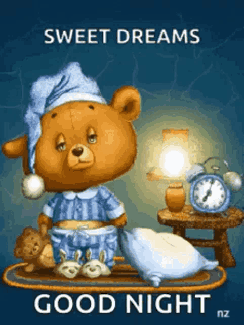 a teddy bear in pajamas is sitting on a bed with a pillow and a lamp .
