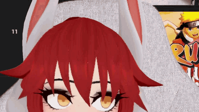 a girl with red hair and white bunny ears has the number 11 on her shirt