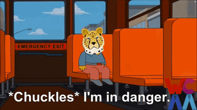 a cartoon of a cheetah sitting on a bus with the words " chuckles " i 'm in danger