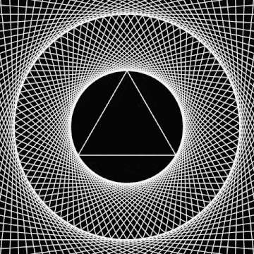 a black and white optical illusion with a triangle in the middle of a circle on a black background .